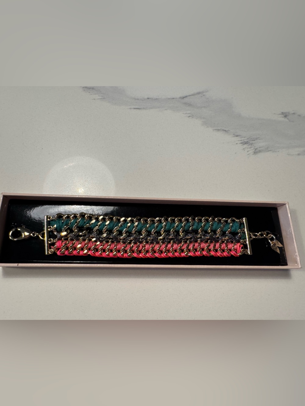 Victoria's Secret Gold Chain Bracelet with Pink and Teal Ribbon New in box
